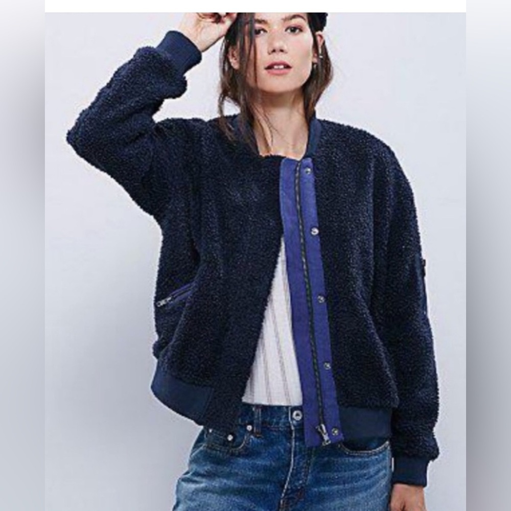 Free People Teddy Bear Aviator Bomber Blue Jacket Size Small